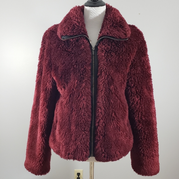 Express Faux Fur Coat Special Edition Bordeaux Teddy Bear Fleece Jacket - Picture 3 of 12